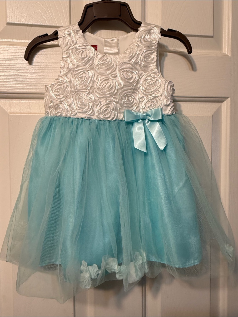 White Rose Bodice Aqua Tulle Flower Girl Dress with Satin Bow